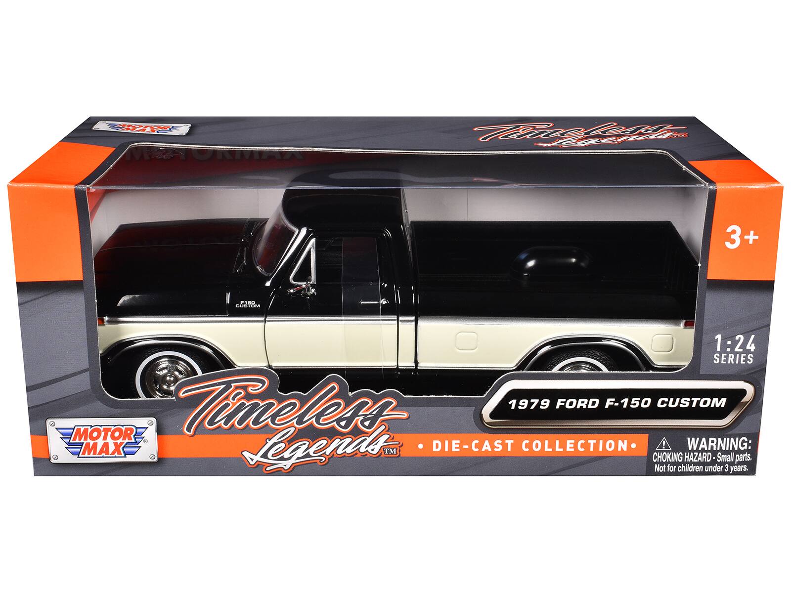 Sure, here is the corrected and grouped text from the image:

---

**MOTOR MAX**

**Timeless Legends™**

**1979 FORD F-150 CUSTOM**

**DIE-CAST COLLECTION**

**1:24 SERIES**

**3+**

**WARNING: CHOKING HAZARD - Small parts. Not for children under 3 years.**

---

**MOTOR MAX**

**Timeless Legends™**

**1979 FORD F-150 CUSTOM**

**DIE-CAST COLLECTION**

**1:24 SERIES**

**3+**

**WARNING: CHOKING HAZARD - Small parts. Not for children under 3 years.**