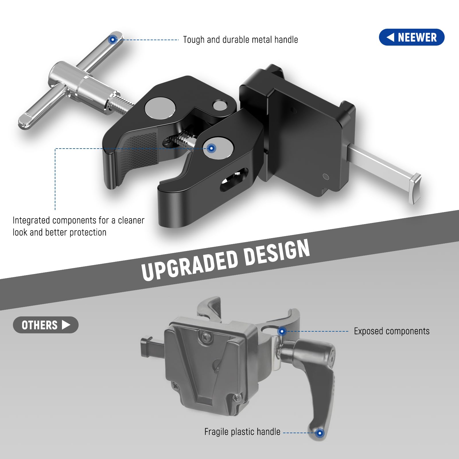 Tough and durable metal handle  
Integrated components for a cleaner look and better protection  
UPGRADED DESIGN  

OTHERS  
Exposed components  
Fragile plastic handle