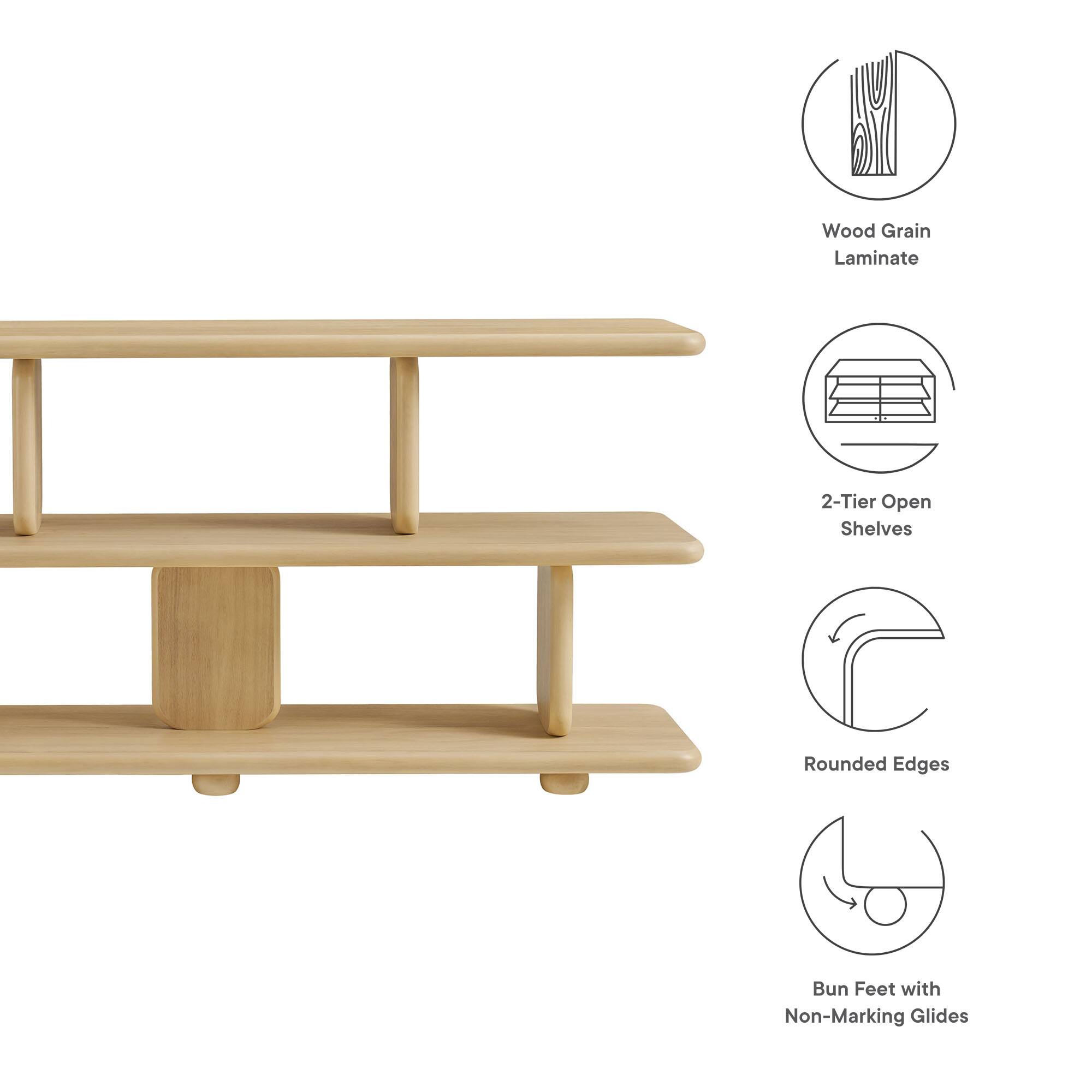 Wood Grain Laminate  
2-Tier Open Shelves  
Rounded Edges  
Bun Feet with Non-Marking Glides