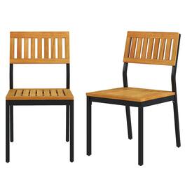 Costway - Dining Chair Set of 2 Modern Patio Chairs/Acacia Wood Backrest, Slanted Seat - Natural + Black