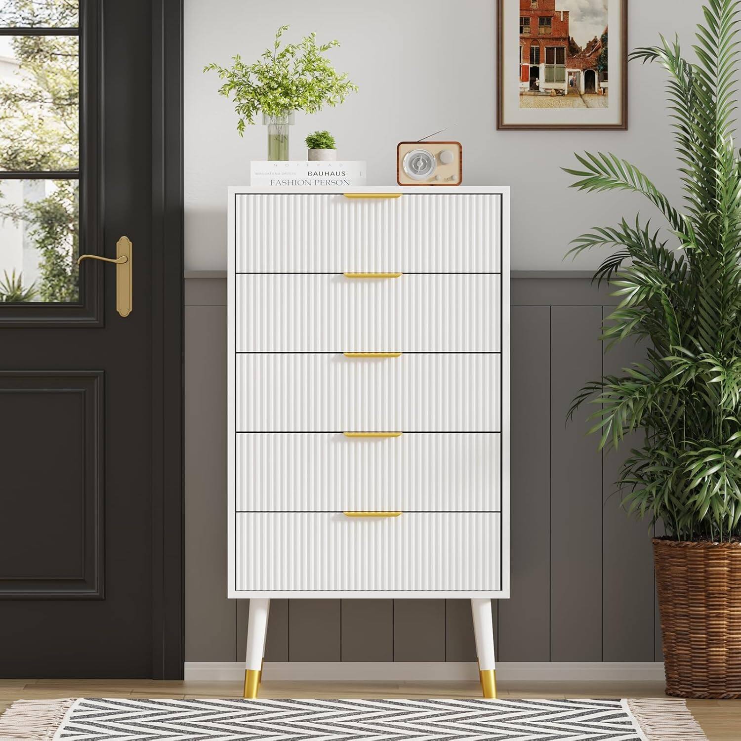 Alt View 3. GARVEE - 5 Drawer Dresser for Bedroom, Modern Closet Dressers Chest of Drawers, Wood Storage Dresser Chest Cabinet Organizer Unit - White.