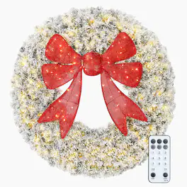 Homcom - 48in Flocked Pre-Lit Xmas Wreath, 3D Red Bow, 11 Modes & Remote, 200 LEDs, 702 Tips, Indoor Outdoor - Green