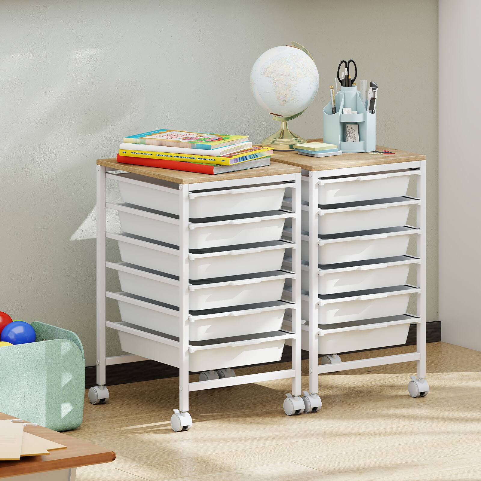 Alt View 3. Costway - Costway 6-Drawer Arts Rolling Storage Cart with Wooden Tabletop & Lockable Wheels for Office - Natural + White.
