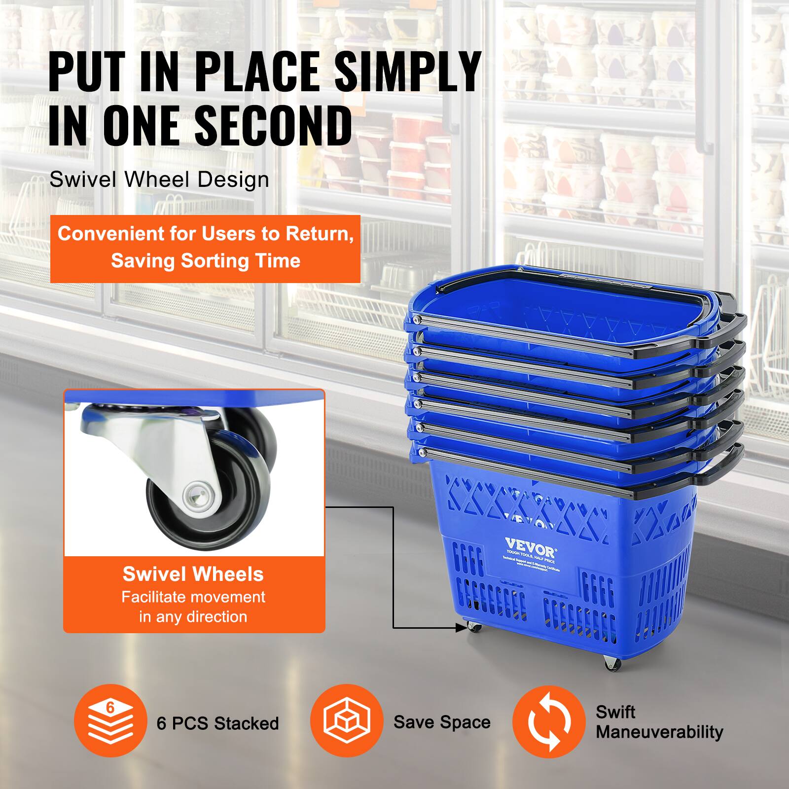 PUT IN PLACE SIMPLY IN ONE SECOND

Swivel Wheel Design

Convenient for Users to Return, Saving Sorting Time

Swivel Wheels
Facilitate movement in any direction

6 PCS Stacked

Save Space

Swift Maneuverability