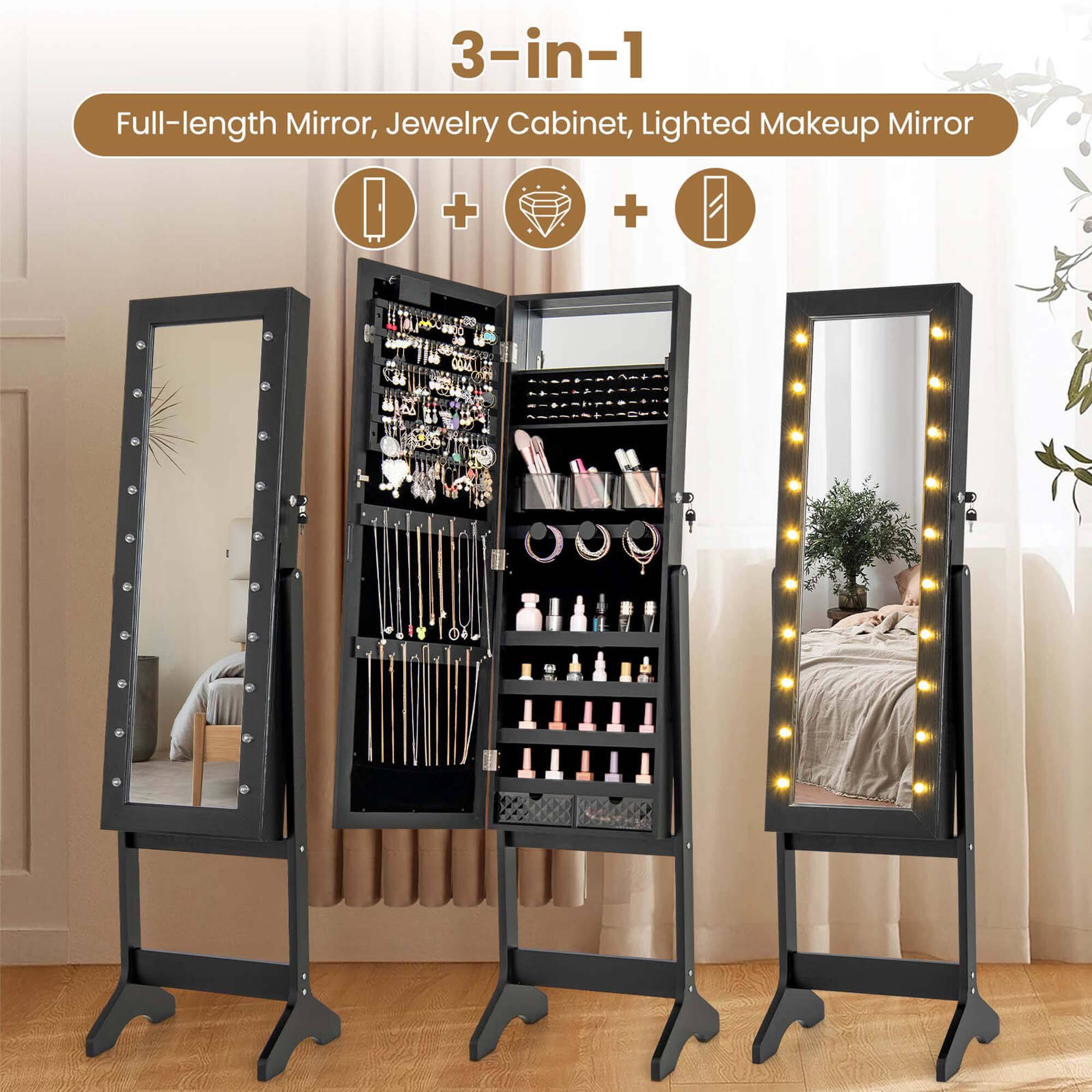 3-in-1  
Full-length Mirror, Jewelry Cabinet, Lighted Makeup Mirror
