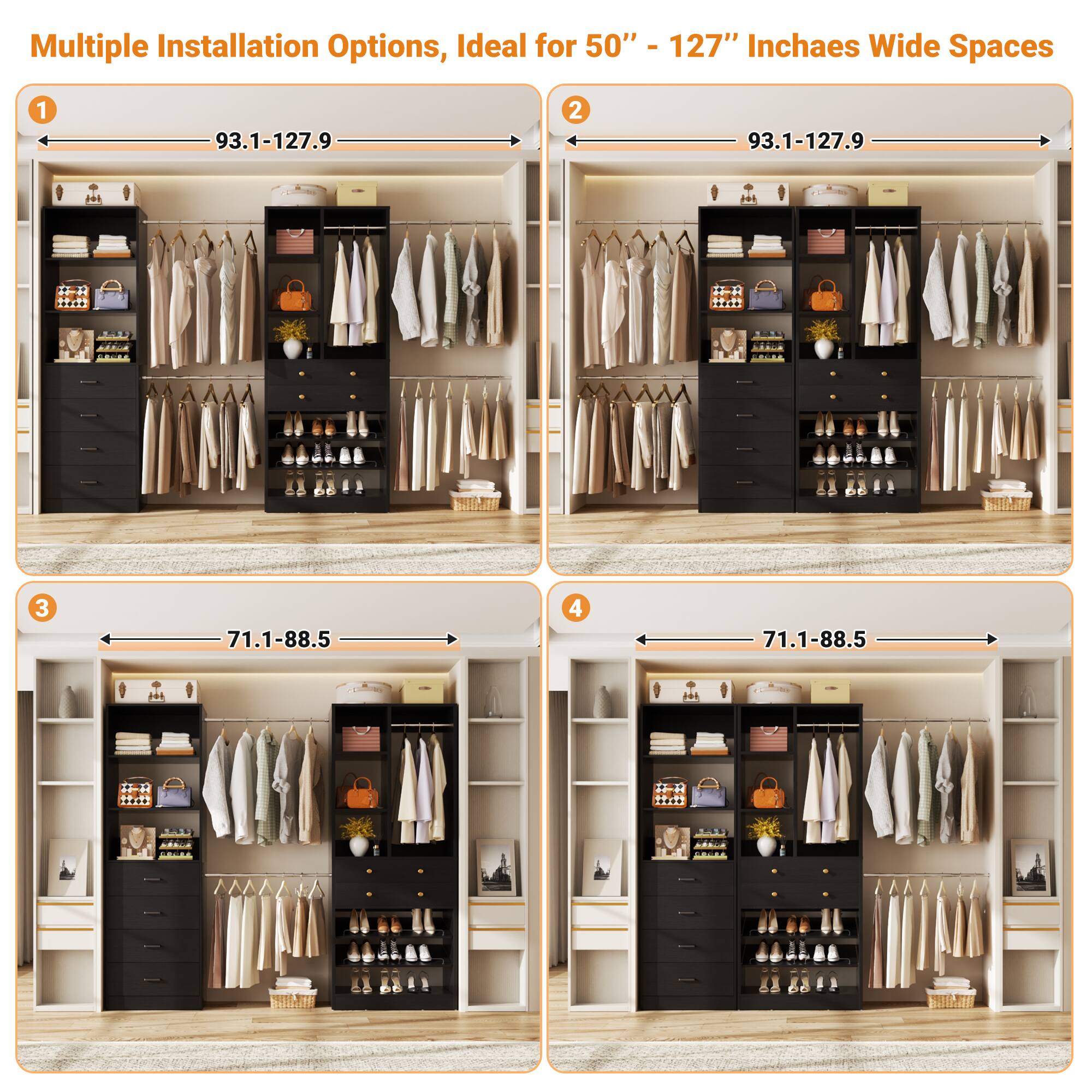 Multiple Installation Options, Ideal for 50" - 127" Inchaes Wide Spaces

1. 93.1-127.9
2. 93.1-127.9
3. 71.1-88.5
4. 71.1-88.5