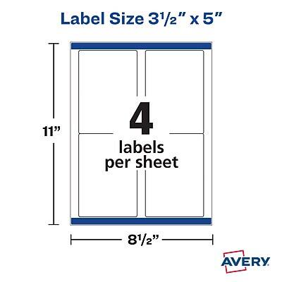 Label Size 3 1/2" x 5"  
11" x 8 1/2"  
4 labels per sheet  
AVERY