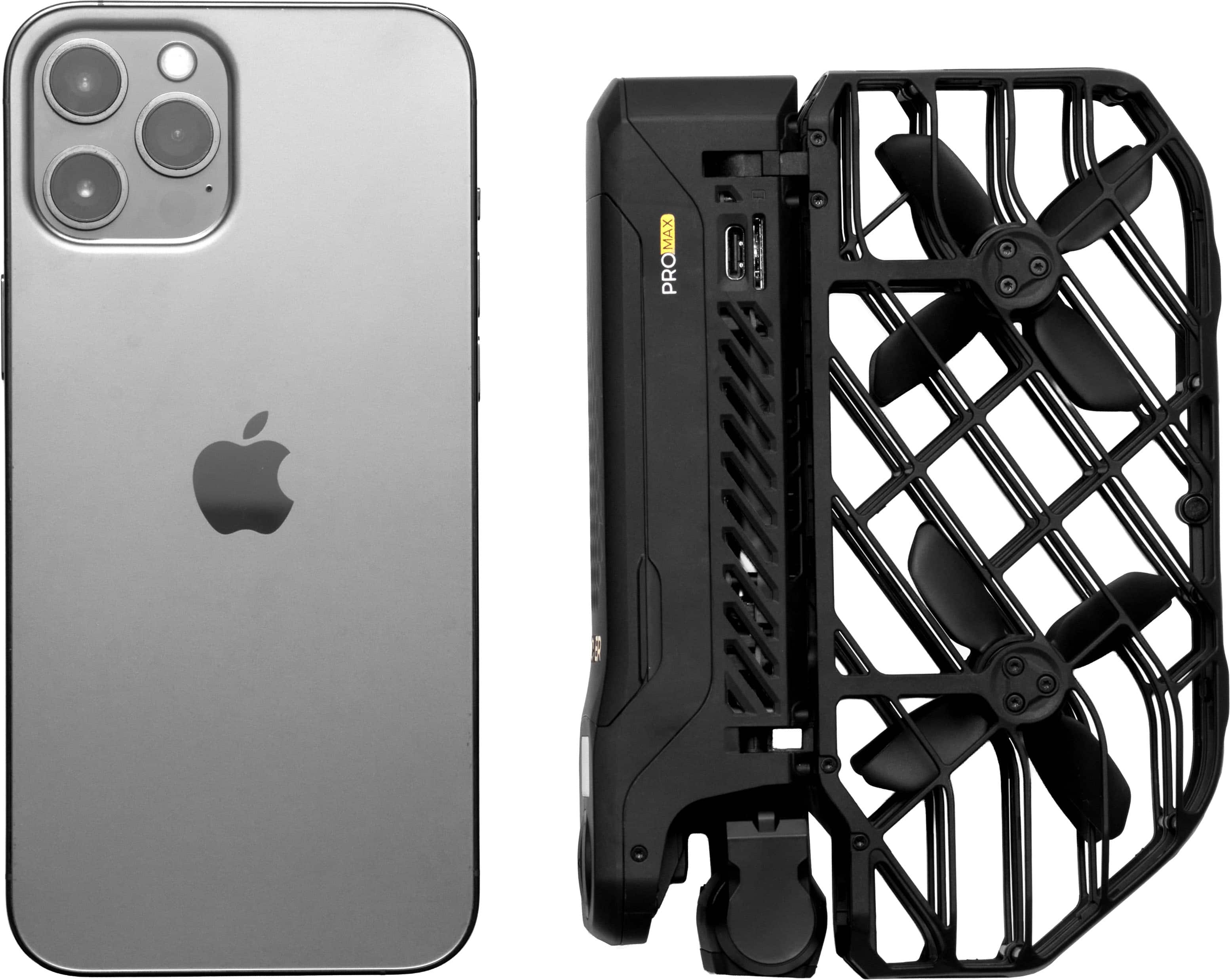 The image shows a smartphone and a black protective case. The smartphone is an iPhone with a metallic finish and three camera lenses on the back. The protective case is designed for the iPhone and has a fan attached to it, with the text "PRO MAX" visible on the side.