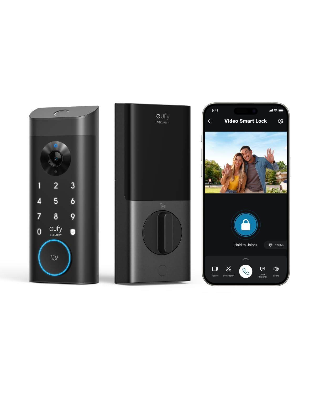 cufy SECURITY 9:41 I Video Smart Lock 1 2 3 4 5 6 7 0 8 cufy SECURITY 9 Hold to Unlock 120K/s Record Screenshot Quick Response Sound