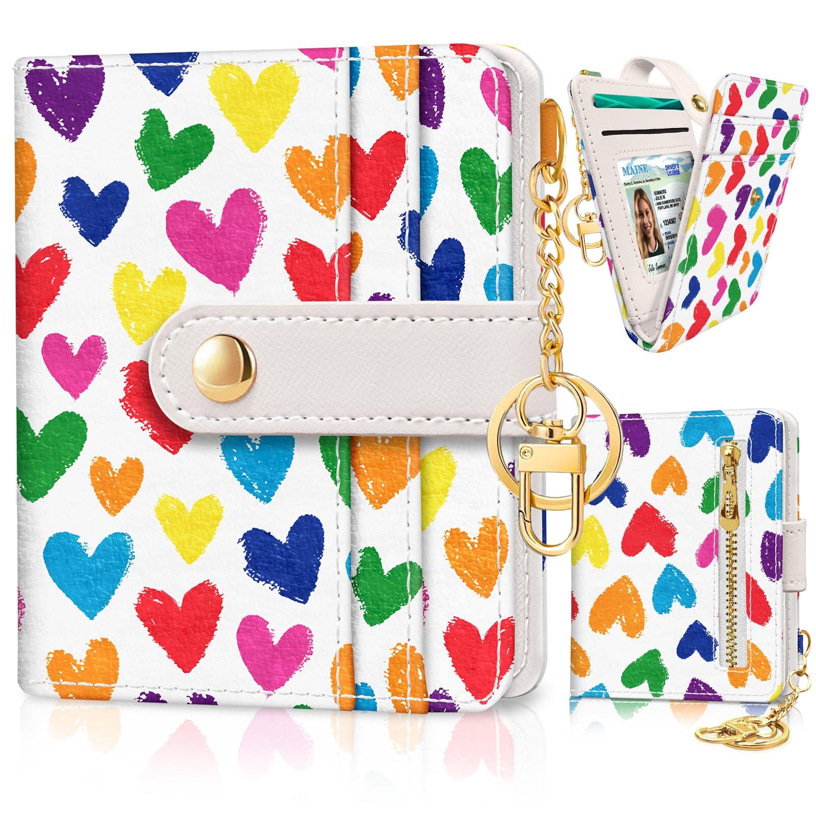 Jadie Link - Black Cat Floral Rfid Women Wallet Small Slim Thin Credit Card Leather Bifold Zipper Pocket Window Female Ladies Teen - Raining Hearts