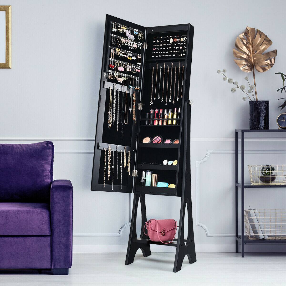 Alt View 11. Costway - LED Jewelry Cabinet Organizer Bevel Edge Mirrored Standing Black - Black.