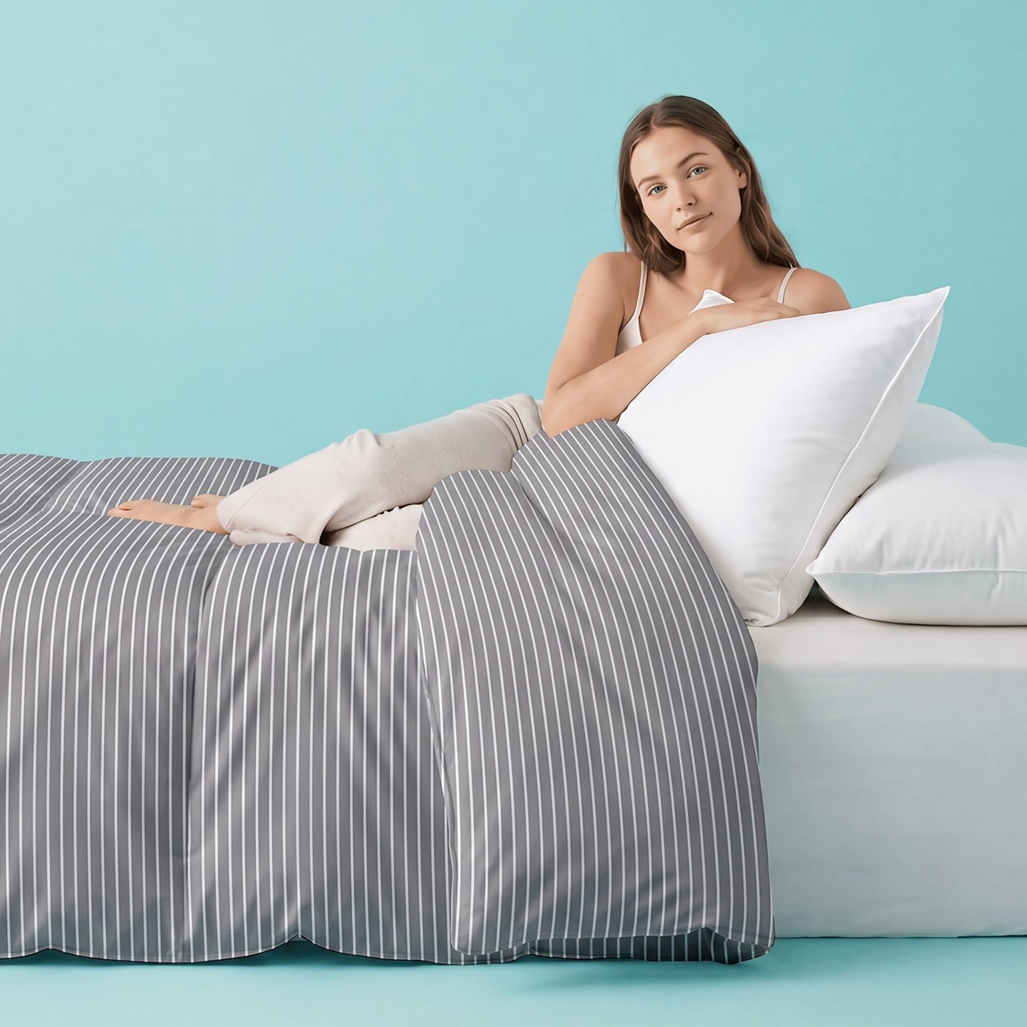 Alt View 3. Sleepgram - Sleepgram Supima 400 Thread Count Cotton Duvet Cover with Travel Bag, Twin, Grey - GreyStripes.