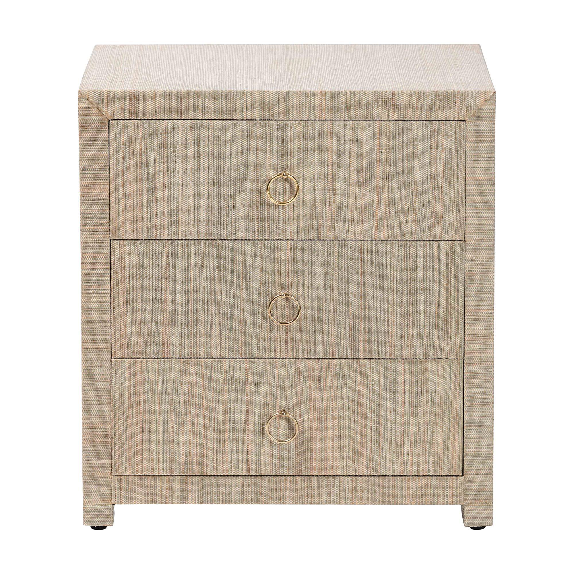 Left. bali & pari - Quinn Bohemian Woven Natural Grasscloth 3-Drawer Nightstand - Natural/Gold.