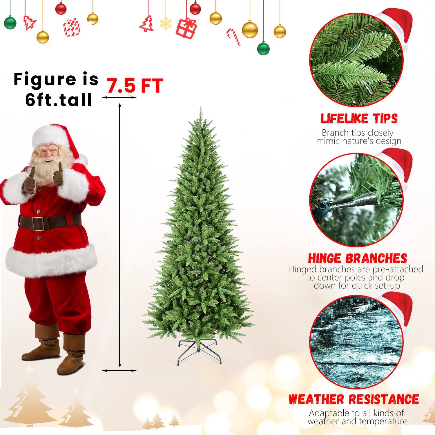 - Figure is 7.5 FT 6ft.tall
- LIFELIKE TIPS: Branch tips closely mimic nature's design
- HINGE BRANCHES: Hinged branches are pre-attached to center poles and drop down for quick set-up
- WEATHER RESISTANCE: Adaptable to all kinds of weather and temperature