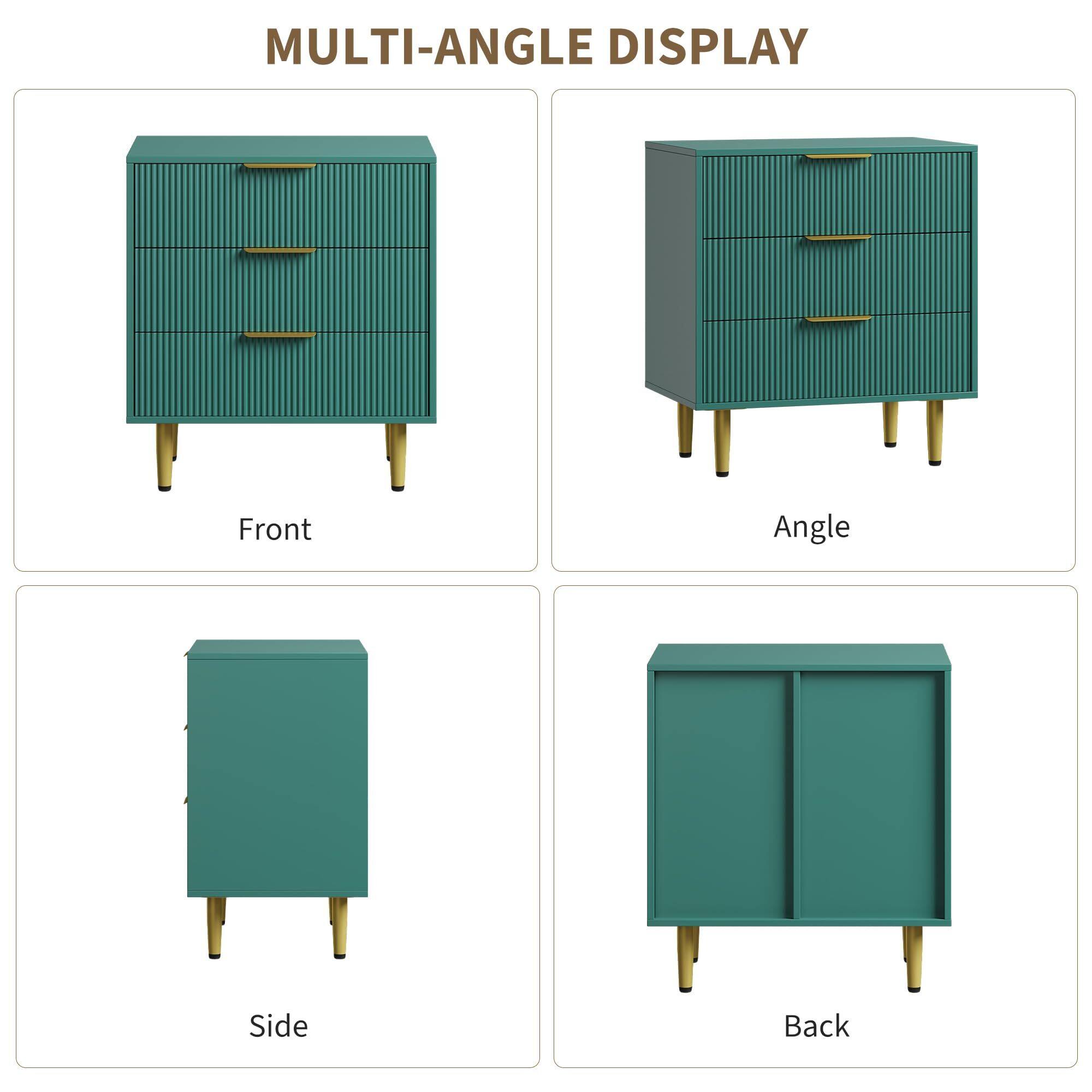 Alt View 5. Acekool - Fluted Dresser for Bedroom with 3 Drawers, Wooden Chest of Drawers with Metal Handle & Feet - Green.