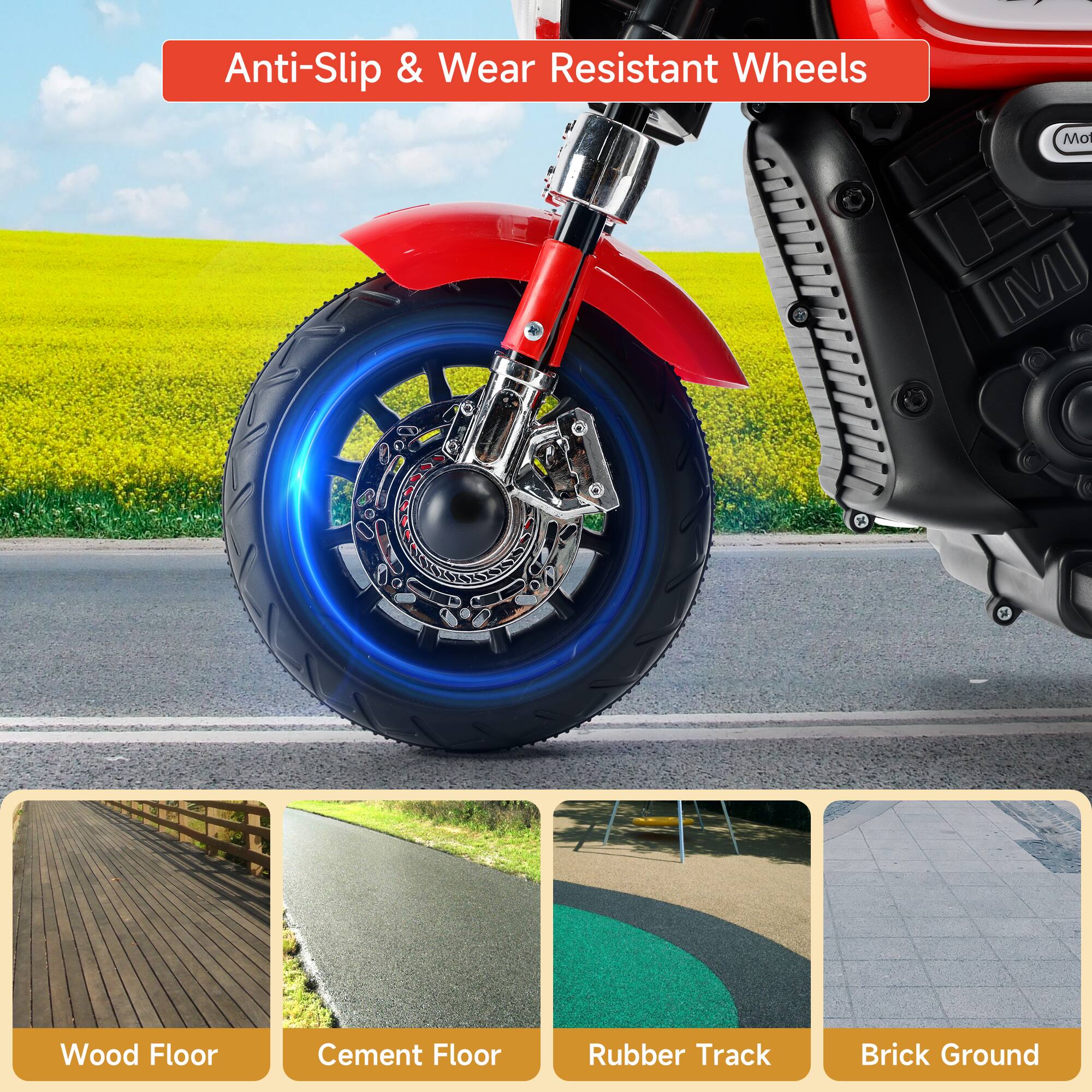 Anti-Slip & Wear Resistant Wheels

Wood Floor  
Cement Floor  
Rubber Track  
Brick Ground