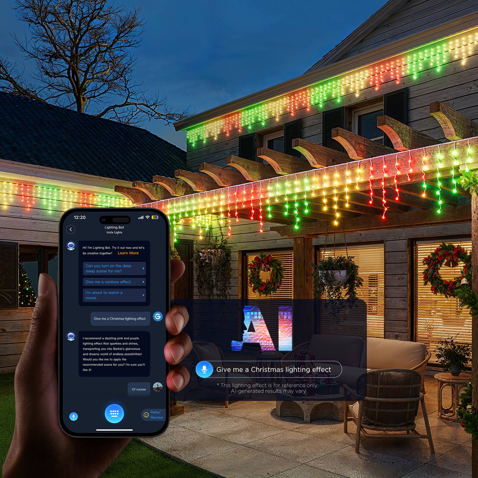 12:20 pm, 2: Lighting Nace L - - Lighting - byy 1 - - and - ormative S together Learn More N y on the deep site sEECS for ma Caive - + Tanbow offect  ahout to wach + mnvie - CarAmAL iighting nutta - sacumman mung pire and sp righting atact tu -r 1 e amuming - - Swters - - - - a andes posubites - P - - - -a - - - - sut i'm - m - . Give me a Christmas lighting effect oF sur This lighting effect is for reference only, Al-generated results may vary.