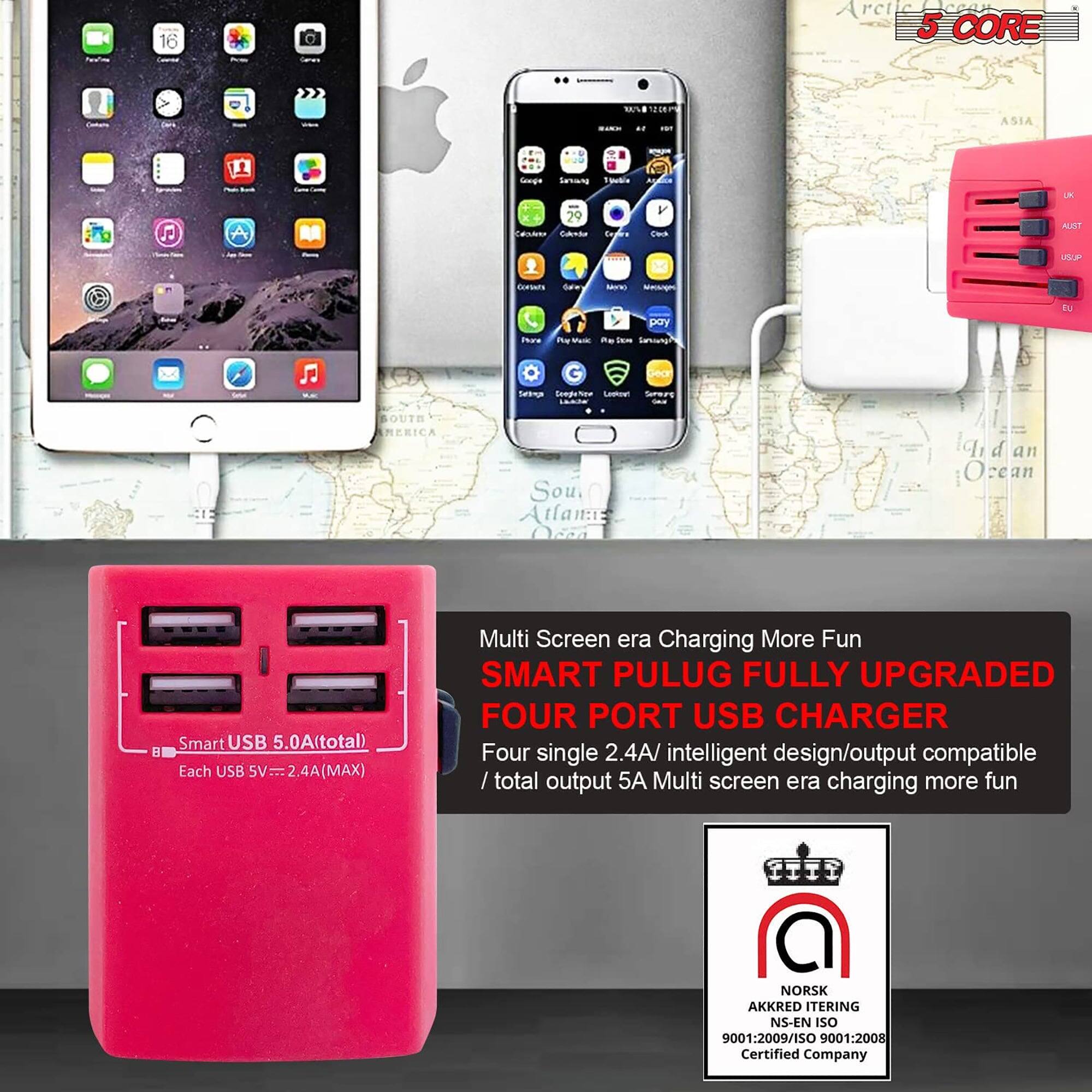 The text on the image can be grouped and corrected as follows:

---

**Product Description:**

- **Smart USB 5.0A (Total)**
  - Each USB: 5V, 2.4A (Max)
  - Multi Screen Era Charging More Fun
  - Fully Upgraded Four Port USB Charger
  - Four Single 2.4A/ Intelligent Design/Output Compatible
  - Total Output: 5A

**Certifications:**

- NORSK AKKRED ITERING
- NS-EN 60384-1:2009/ISO 9001:2008 Certified Company

---

This text describes a four-port USB charger with a total output of 5A, each port providing up to 2.4A, and it is certified by NORSK AKKRED ITERING and ISO 9001:2008.