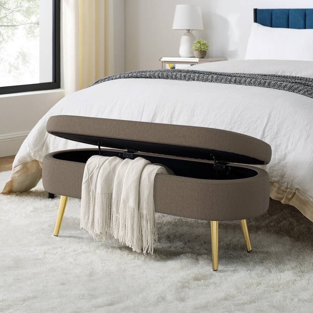 Angle. Ropilly - Ropilly Brown Oval Storage Ottoman Flannel Bench Metal Legs - Brown.