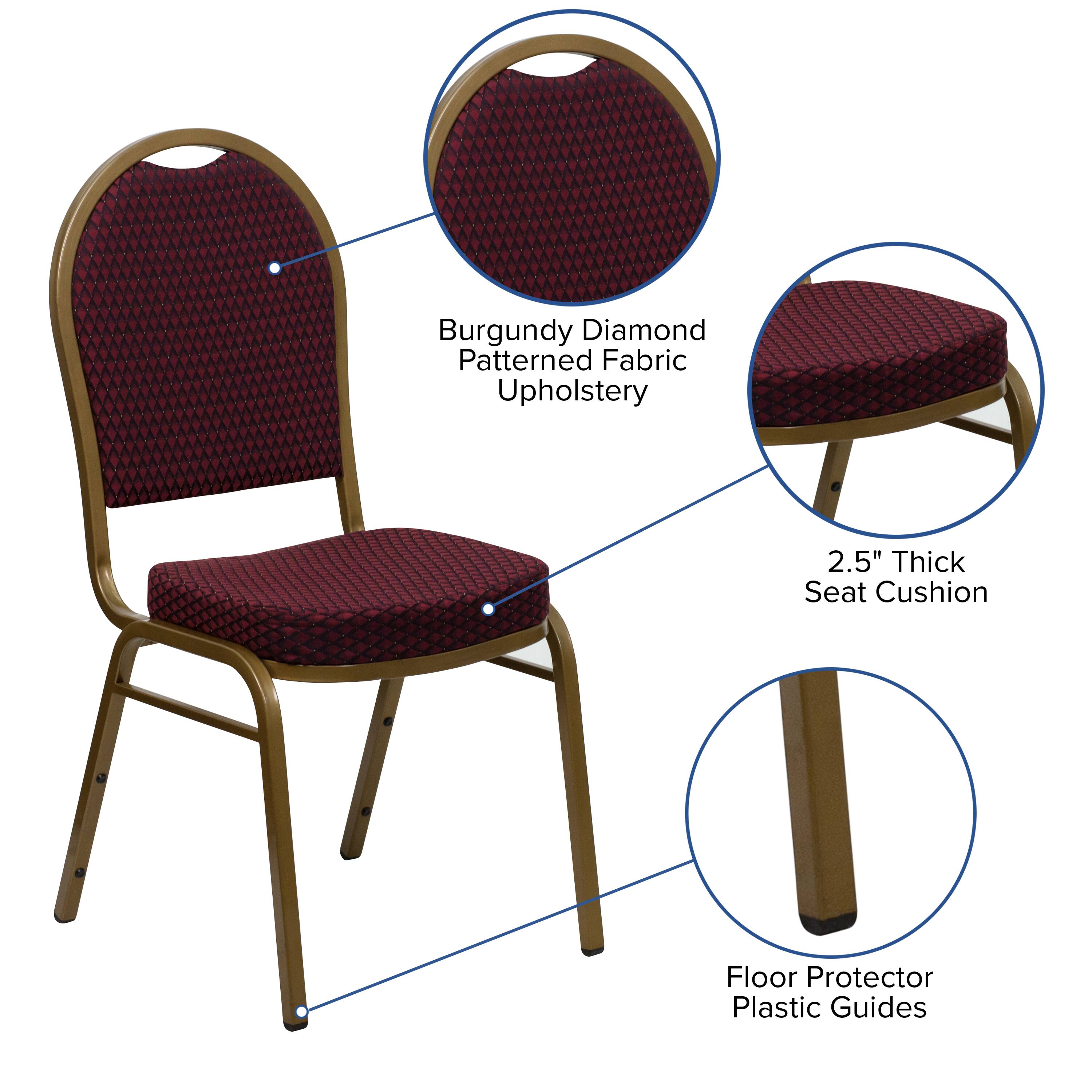 Burgundy Diamond Patterned Fabric Upholstery  
2.5" Thick Seat Cushion  
Floor Protector Plastic Guides