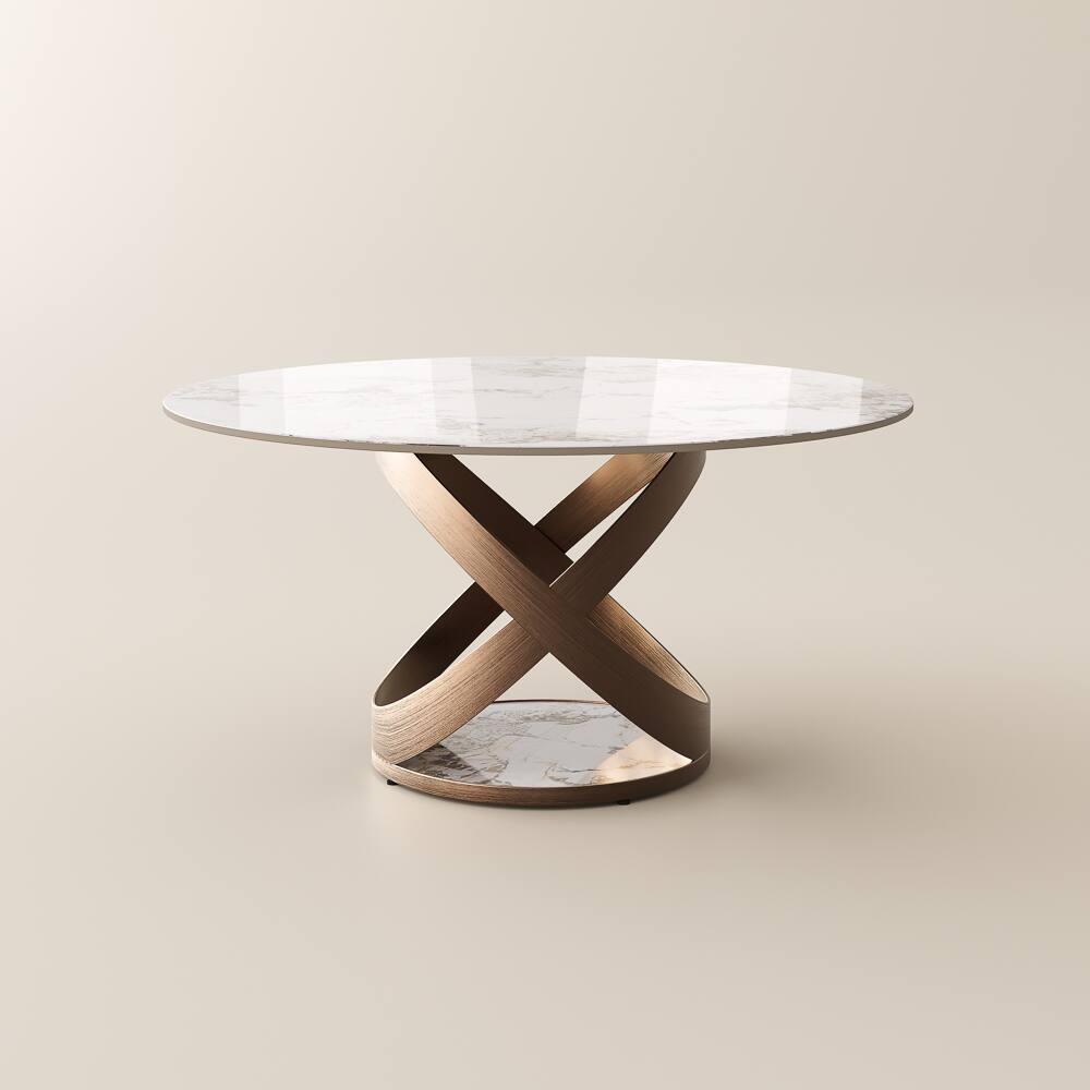 Alt View 9. POVISON - 59" Modern White Round Dining Table for 4, Glossy Sintered Stone Tabletop with Bronze X Carbon Steel Base - White Glossy Sintered Stone with Bronze.