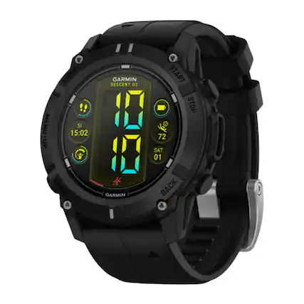 The image features a Garmin watch with a black band. The watch displays the time as 15:02 and has a menu with various options such as "Light Menu," "Start," "Stop," "Descend," and "Garmin." The watch also has a backlight feature, which can be activated by pressing the "Up" button. The watch is designed for outdoor activities and is equipped with a GPS system to track the user's location and altitude.