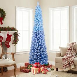 Gymax - 7 FT Snow-flocked Artificial Christmas Tree w/ 290 Warm White LED Lights8 Modes Gradient & White - Blue
