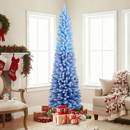 Front. Gymax - Gymax 7 FT Snow-flocked Artificial Christmas Tree w/ 290 Warm White LED Lights8 Modes Blue Gradient & White - Blue.
