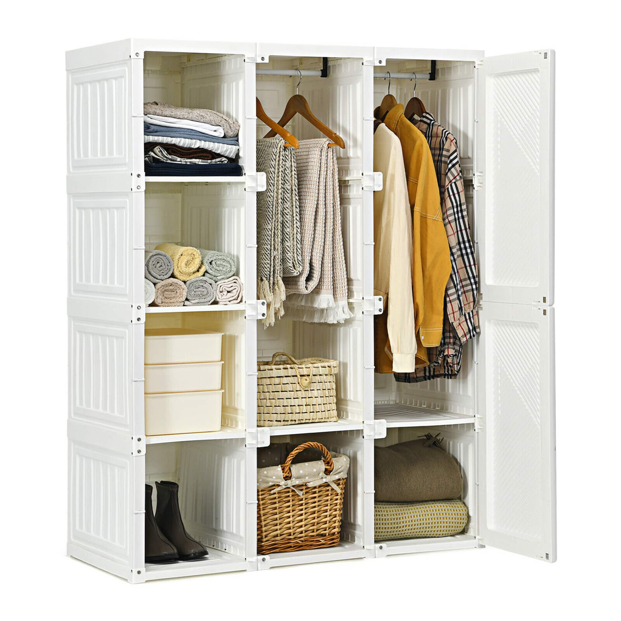 Gymax - Portable Closet Clothes Foldable Armoire Wardrobe Closet w/8 Cubes Hanging Rods - White