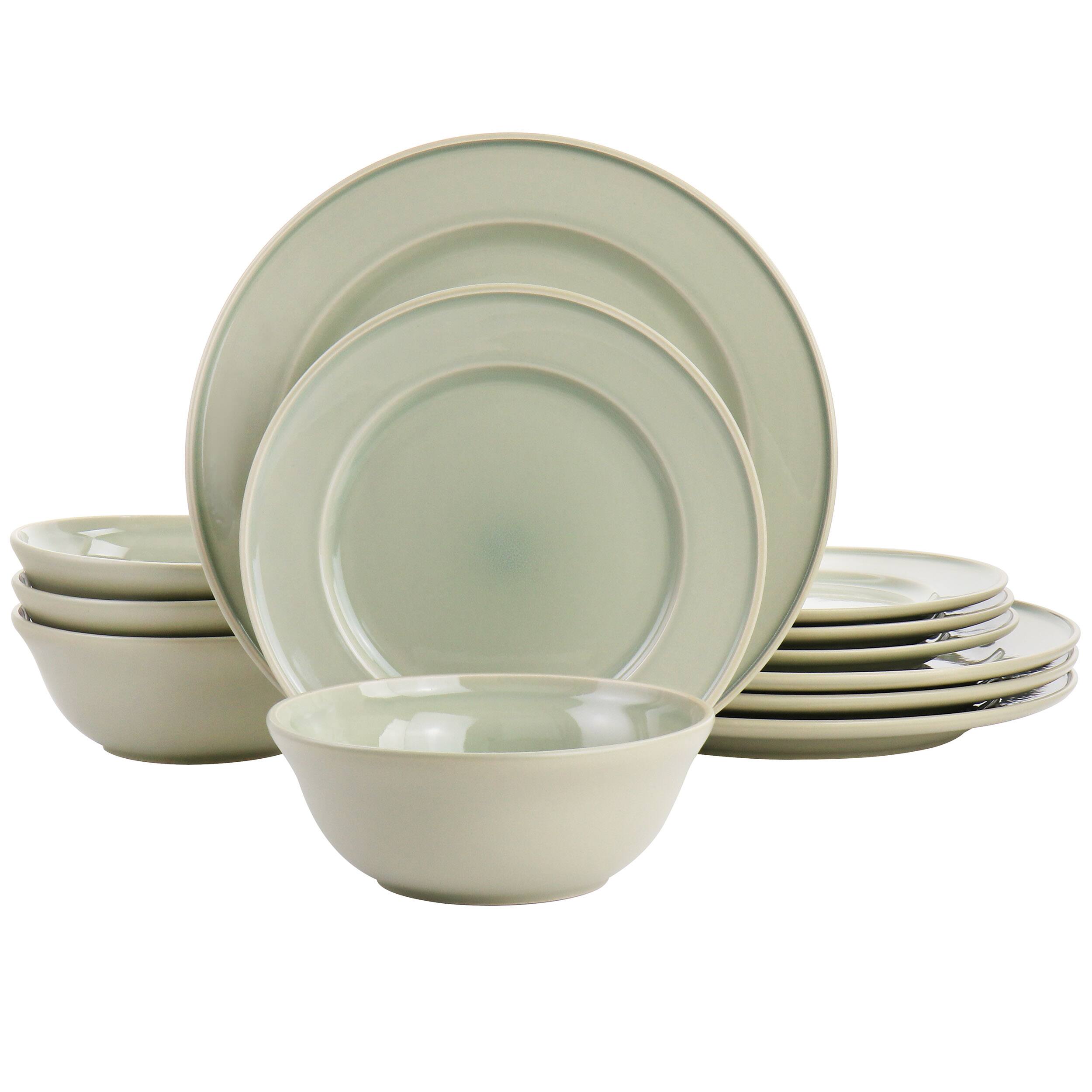 Front. Martha Stewart - Martha Stewart 12 Piece Reactive Glaze Stoneware Dinnerware Set in Sharkey Grey - Sharkey Gray.