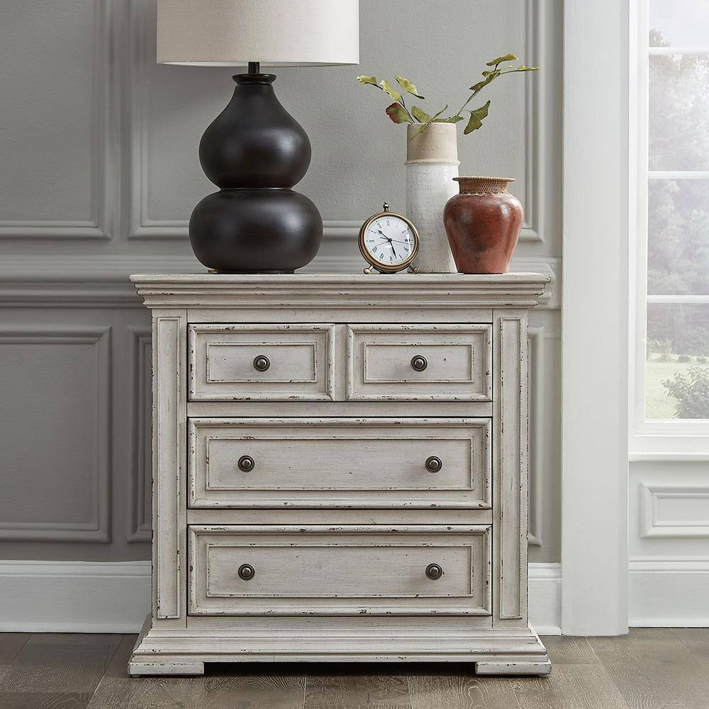 Back. Liberty Furniture Industries - Big Valley Bedside Chest w/ Charging Station in Whitestone w/ Heavy Distressing - White.