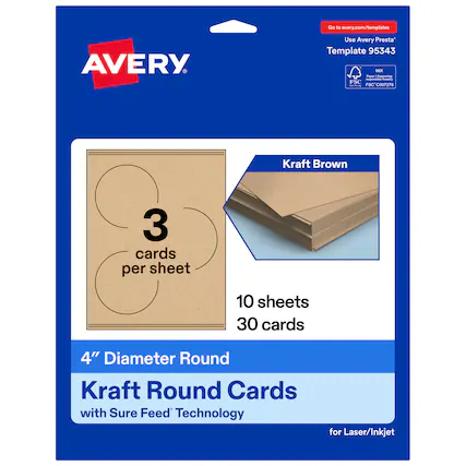 Go to avery.com/templates
Use Avery Presta™ Template 95343
Kraft Brown
3 cards per sheet
10 sheets
30 cards
4" Diameter Round Kraft Round Cards with Sure Feed™ Technology for Laser/Inkjet
