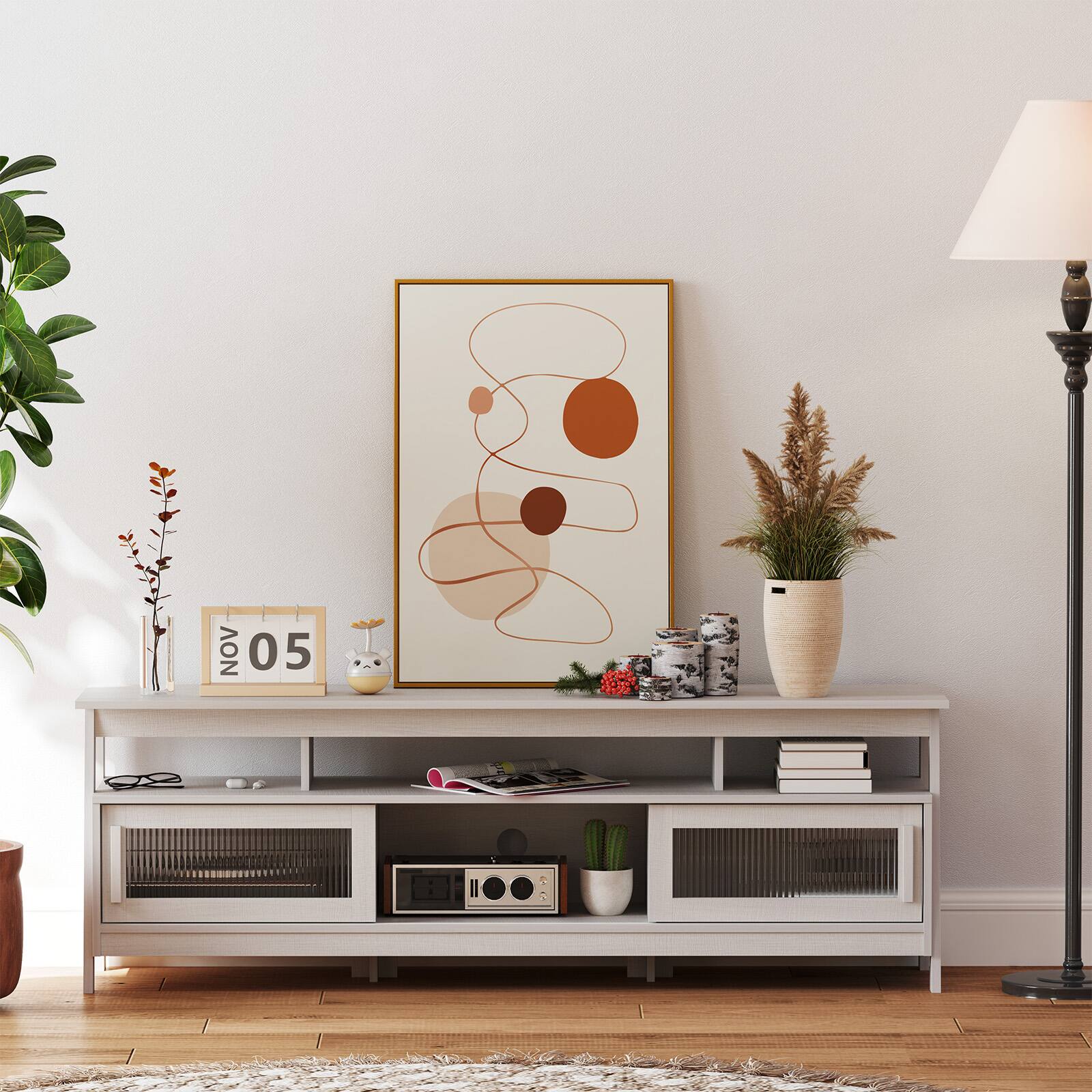 Back. Bestier - Mid-Century TV Stand for TVs up to 70”, Sliding Glass Doors, Cable Management & Open Storage - white.