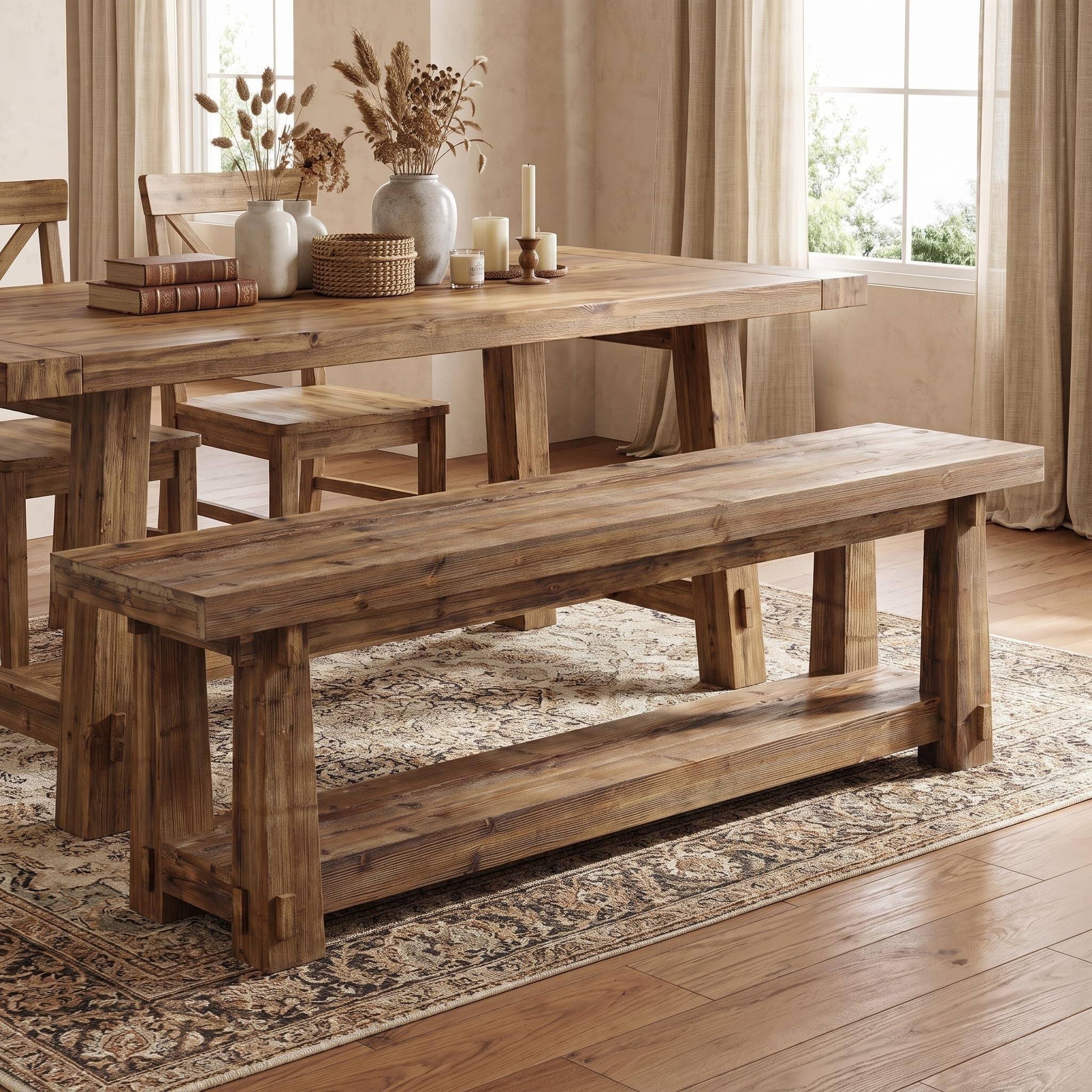 Alt View 1. Tribesigns - 55" Wood Entryway Bench with Shoe Storage, Rustic Dining Bench - Light Brown.