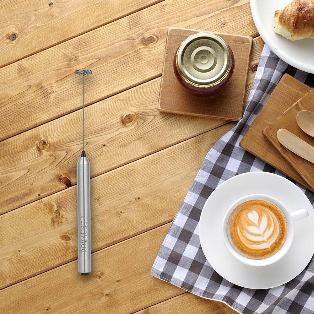 Angle. ACJPR - Handheld Milk Frother – Battery Operated Mini Mixer, 304 Stainless Steel Whisk - Silver.