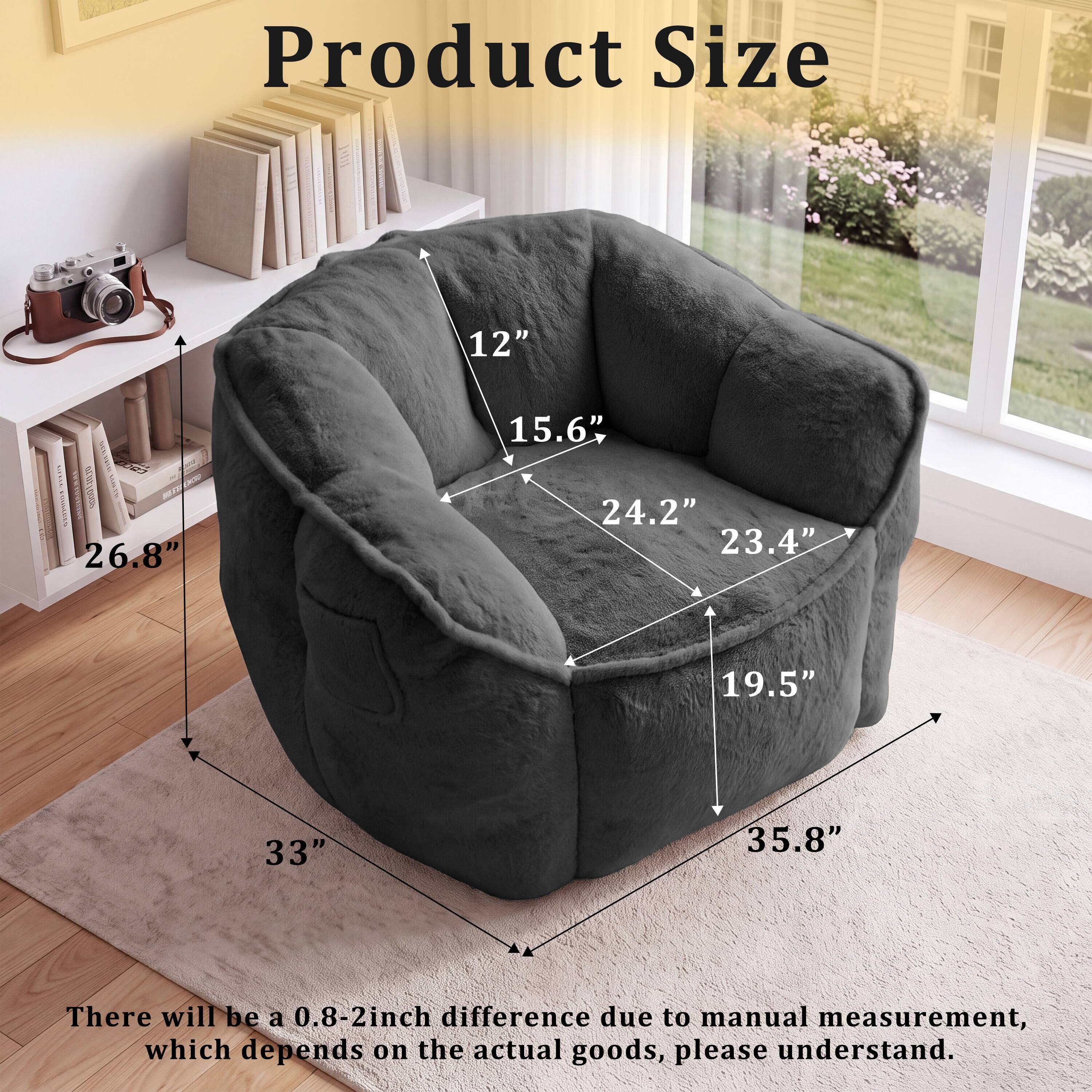 Product Size

12"  
15.6" 24.2" 23.4"  
19.5"  
33"  
35.8"  

There will be a 0.8-2 inch difference due to manual measurement, which depends on the actual goods, please understand.