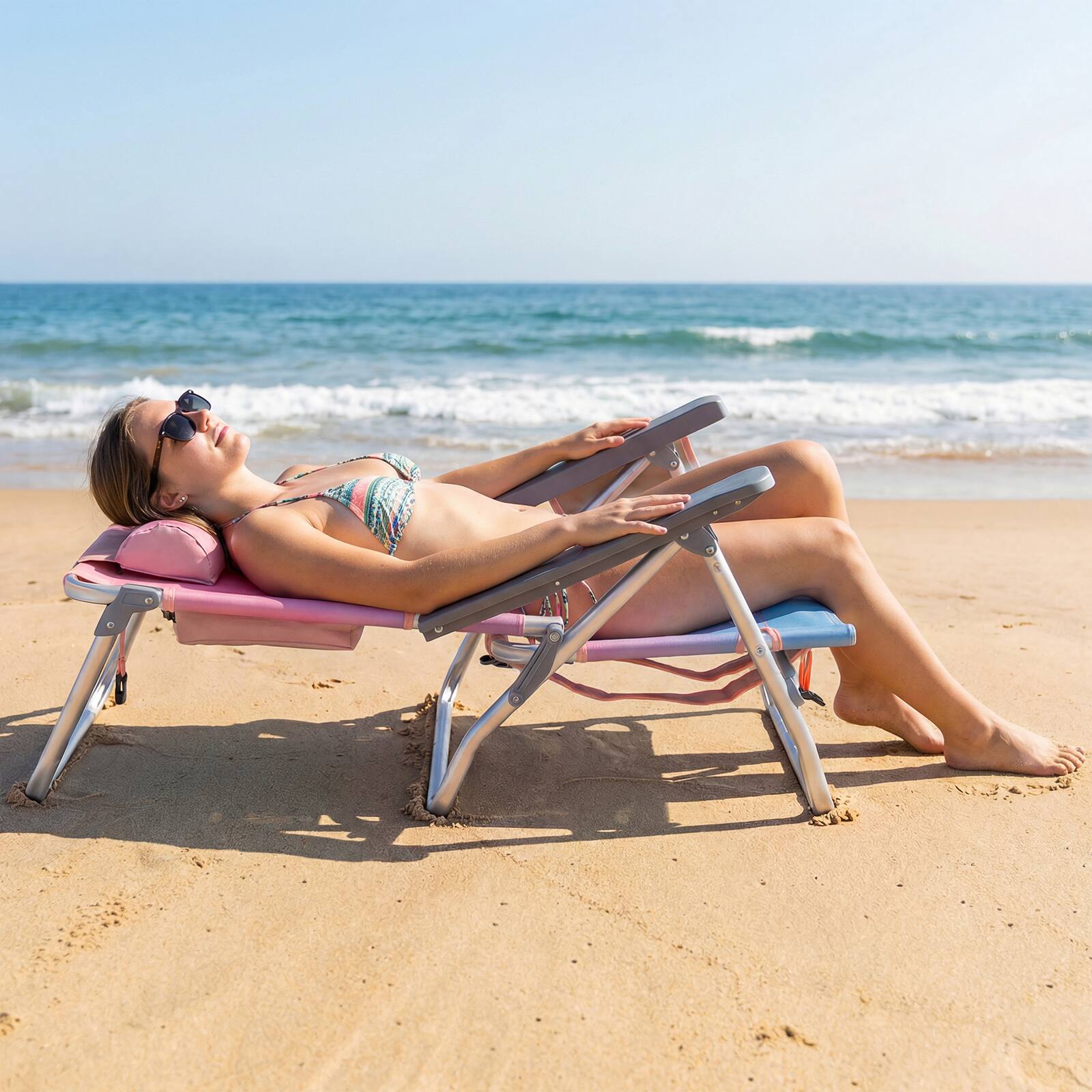 Alt View 3. Costway - Costway 2PCS Beach Chairs with 5-Position Backrest & Padded Headrest, Cup Holder & Ice Bag - Gradient Pink.