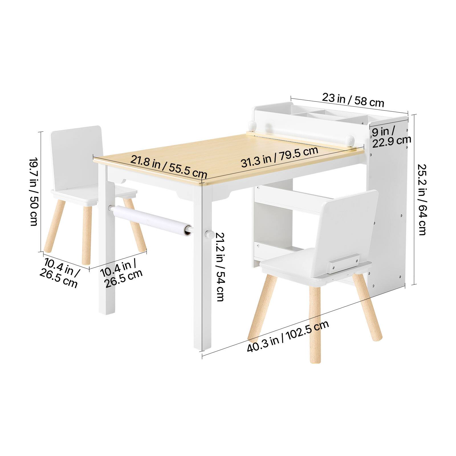 23 in / 58 cm  
19.7 in / 50 cm  
10.4 in / 26.5 cm  
21.8 in / 55.5 cm  
21.2 in / 54 cm  
9 in / 22.9 cm  
25.2 in / 64 cm  
31.3 in / 79.5 cm  
40.3 in / 102.5 cm