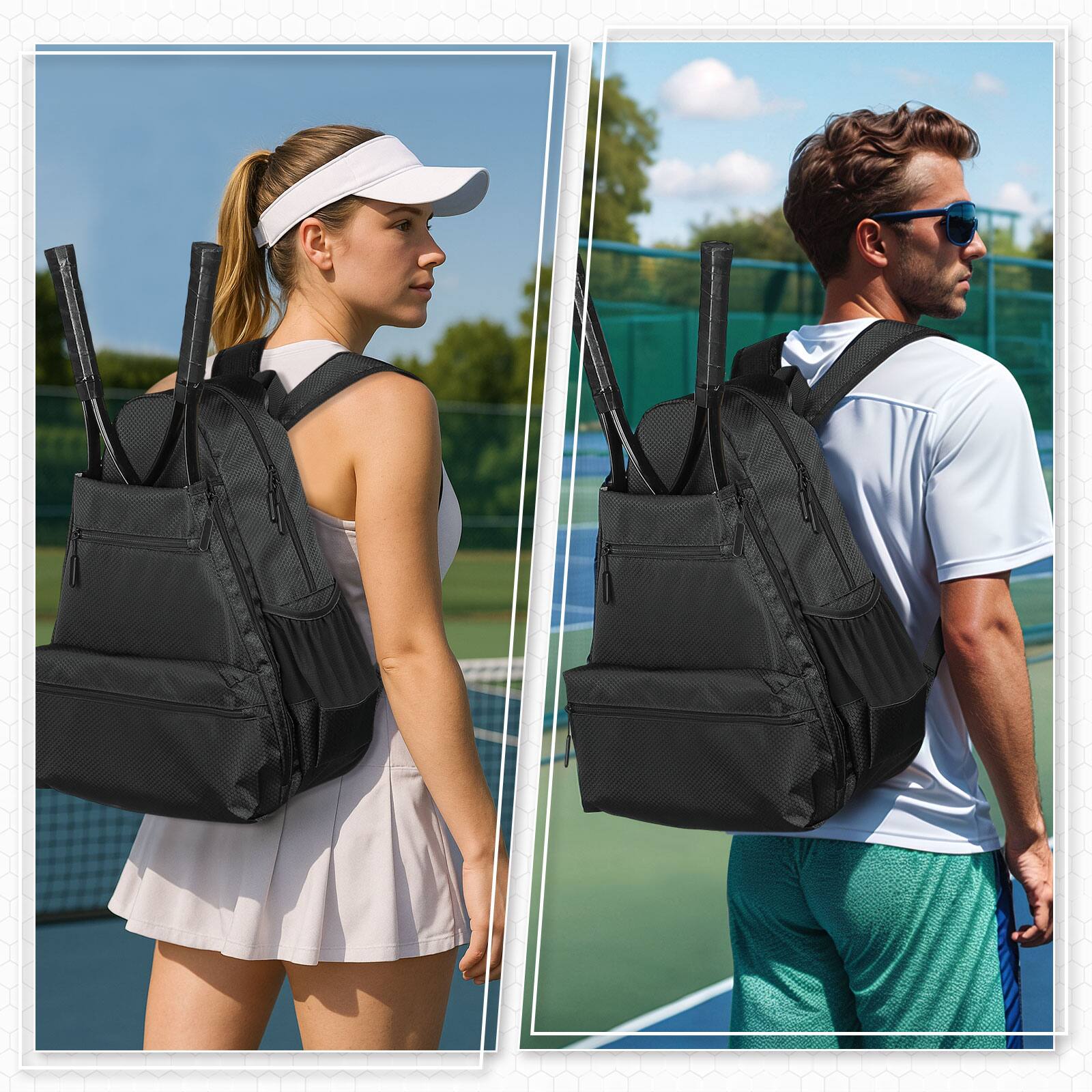 Alt View 5. Unique Bargains - Tennis Backpack for 2 Rackets Waterproof Tennis Bag with Shoe Compartment Wet/Dry Pocket Fence Hook for Tennis - Black.