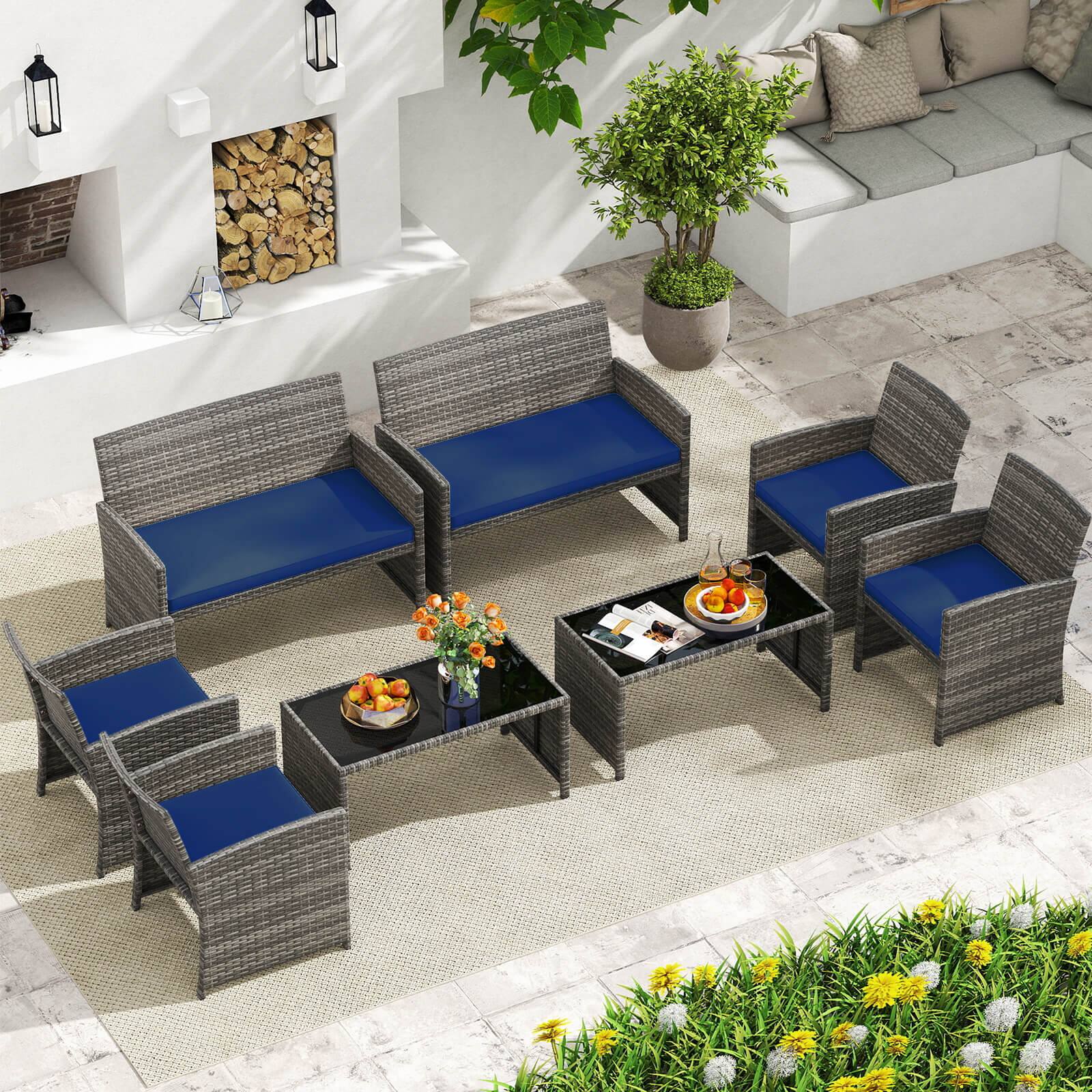 Alt View 9. Costway - Costway 8 PCS Patio Conversation Set with Seat Cushions & Tempered Glass Tabletop, Outdoor - Navy,Gray.