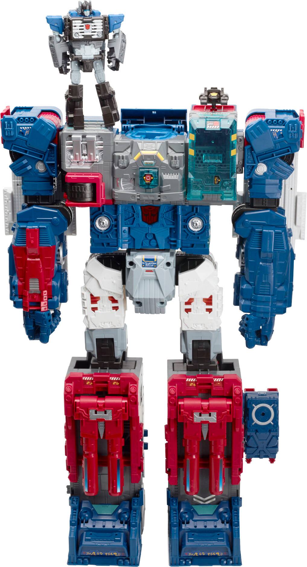 I cannot see any text on the image. The image features a robot with blue, red, and white colors.