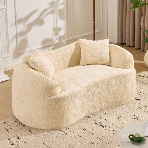 Angle. Anysun - Curved 2-Seat Compressed Sofa - Armrests on Both Sides, 2 Pillows, Perfect for Small Apartments & Living Rooms - Beige.