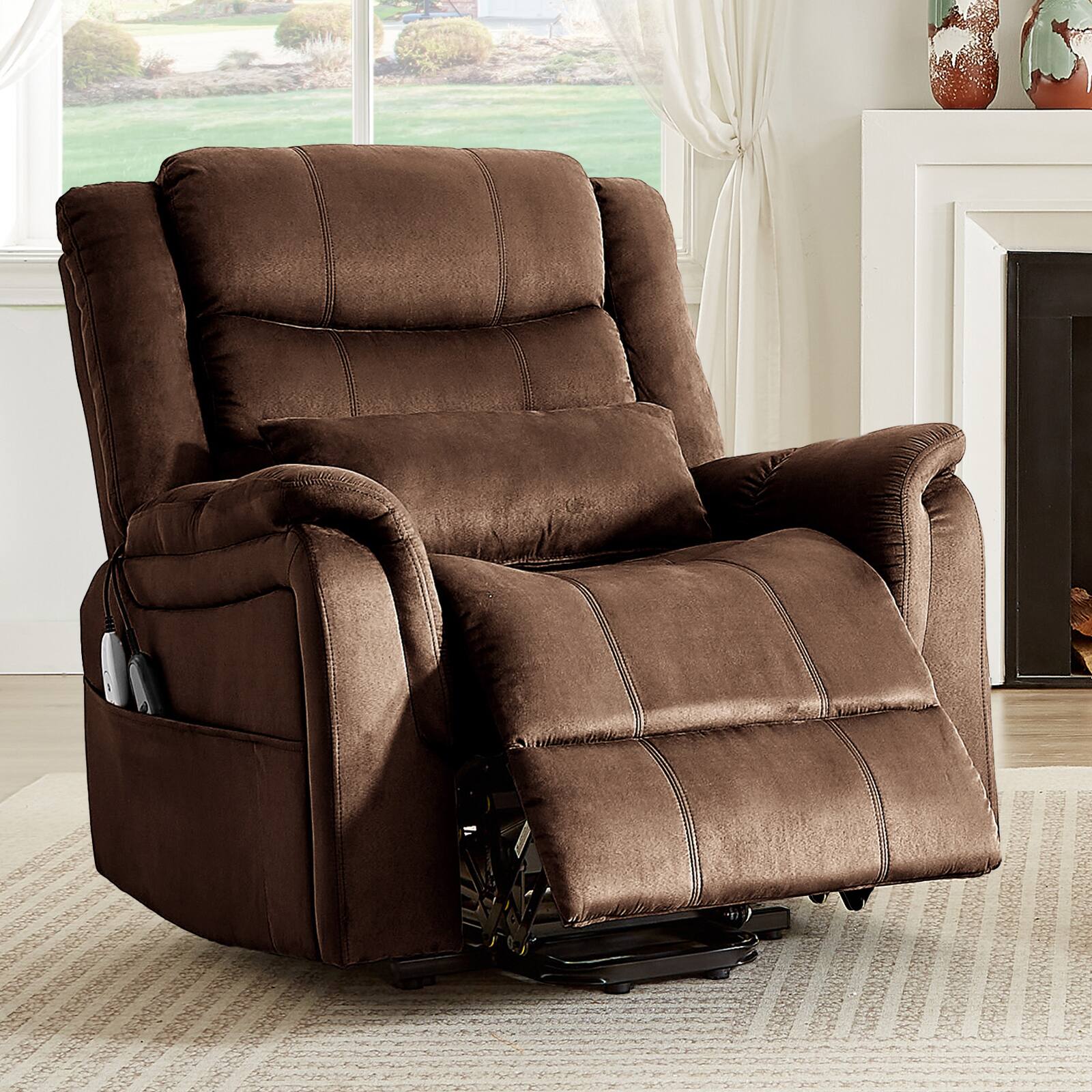 Back. Bestier - 37-inch Elderly Recliner with 8-Point Massage & Lumbar Heating, 350lbs Capacity, Lift Assist Function - Brown.