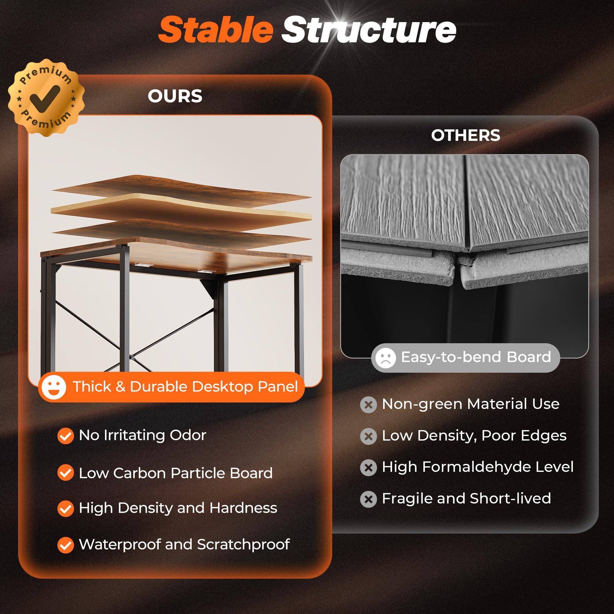 **Stable Structure**

**OURS**

- Thick & Durable Desktop Panel
  - No Irritating Odor
  - Low Carbon Particle Board
  - High Density and Hardness
  - Waterproof and Scratchproof

**OTHERS**

- Easy-to-bend Board
  - Non-green Material Use
  - Low Density, Poor Edges
  - High Formaldehyde Level
  - Fragile and Short-lived