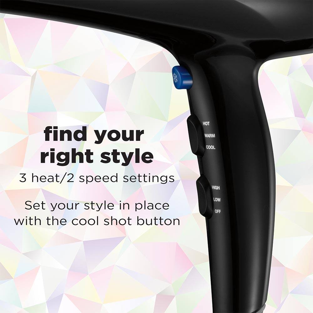 find your right style  
3 heat/2 speed settings  
Set your style in place with the cool shot button