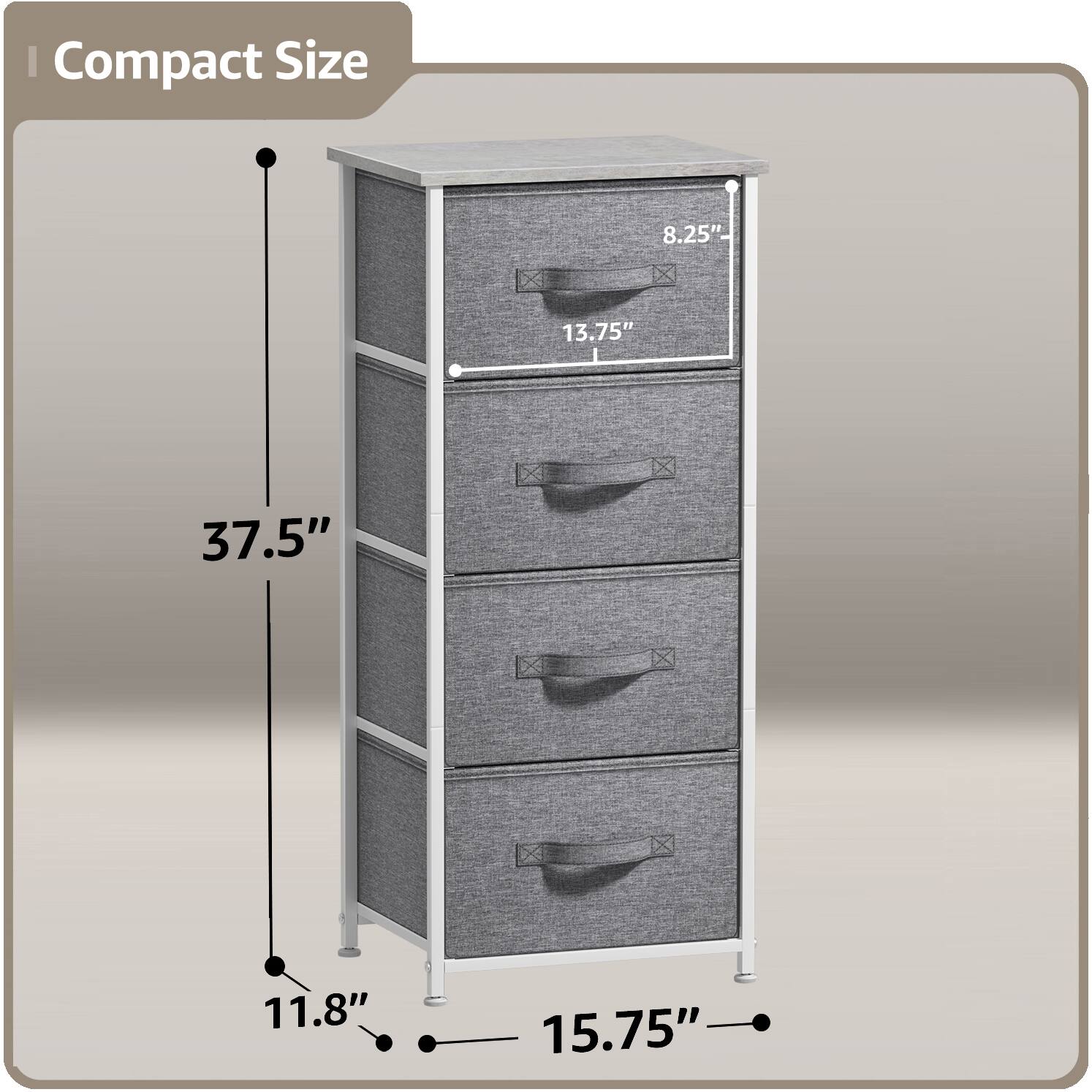 Compact Size

- Height: 37.5"
- Width: 15.75"
- Depth: 11.8"
- Drawer Height: 13.75"
- Drawer Width: 8.25"