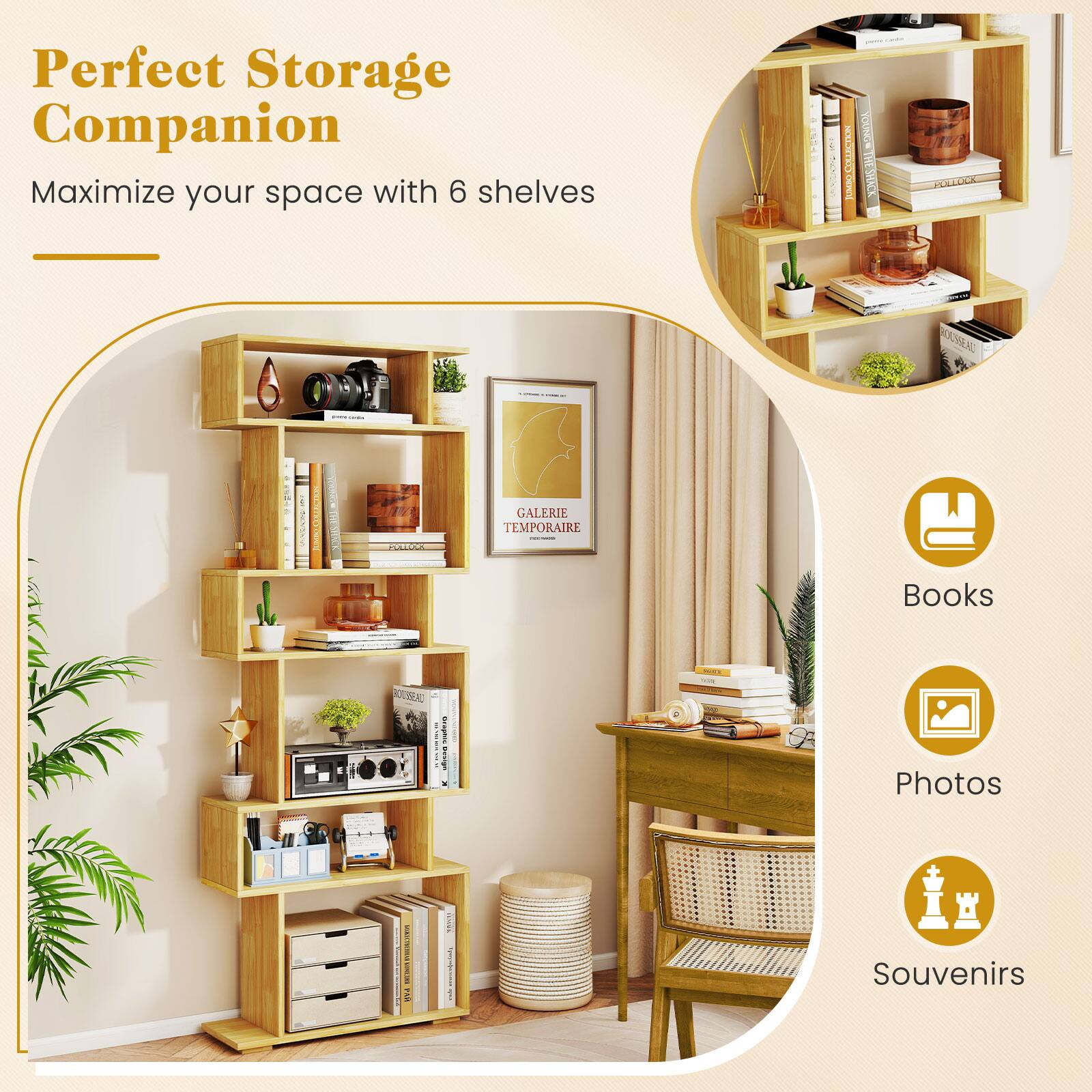 Perfect Storage Companion  
Maximize your space with 6 shelves  

- Books  
- Photos  
- Souvenirs