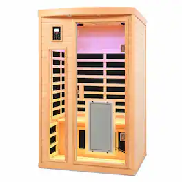 RYHNUYNE - Two Person Far Infrared Sauna, Hemlock Wood, Low EMF, 8 Heating Panels, 1750W, Bluetooth Audio, Indoor Use - Natural Wood
