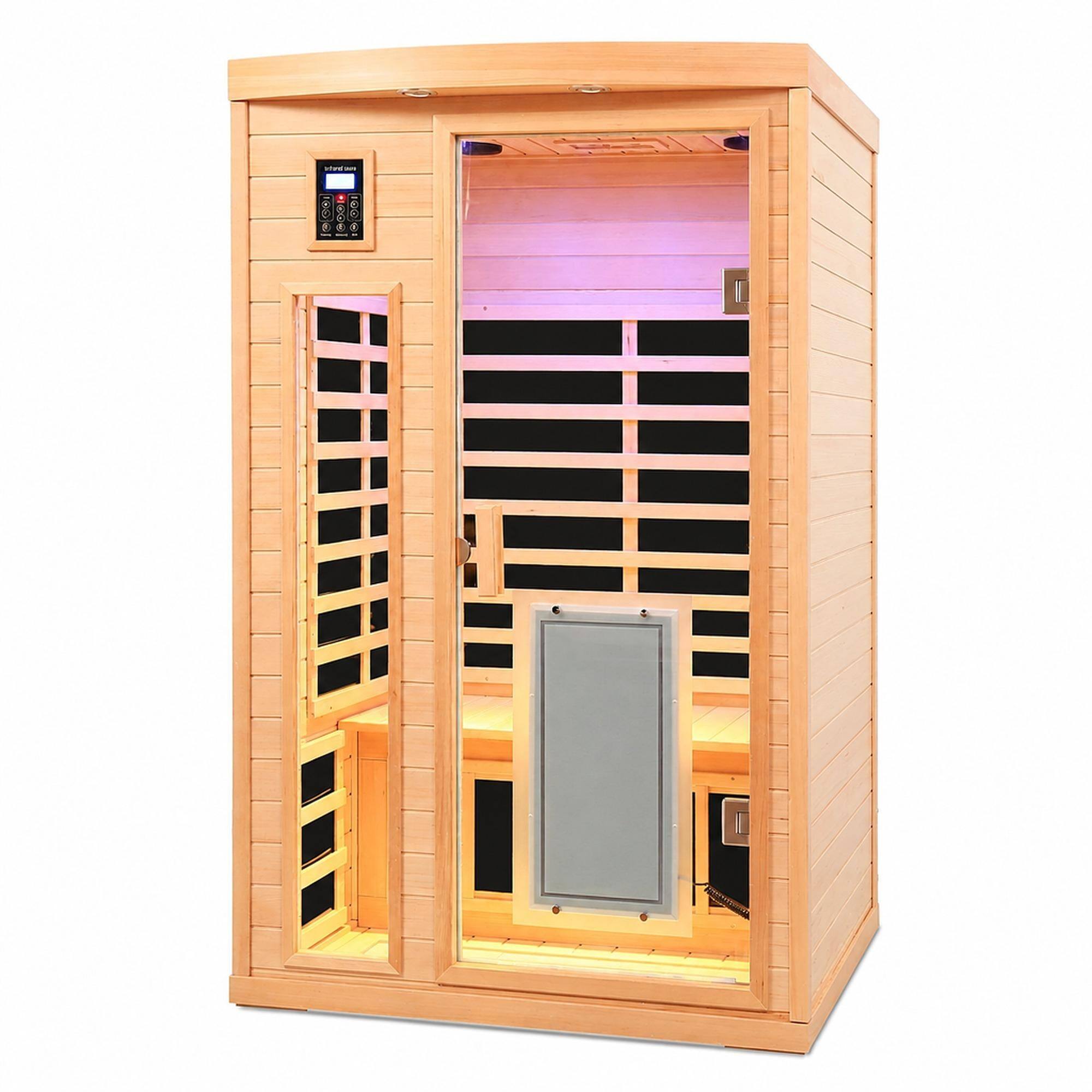 Front. RYHNUYNE - Two Person Far Infrared Sauna, Hemlock Wood, Low EMF, 8 Heating Panels, 1750W, Bluetooth Audio, Indoor Use - Natural Wood.
