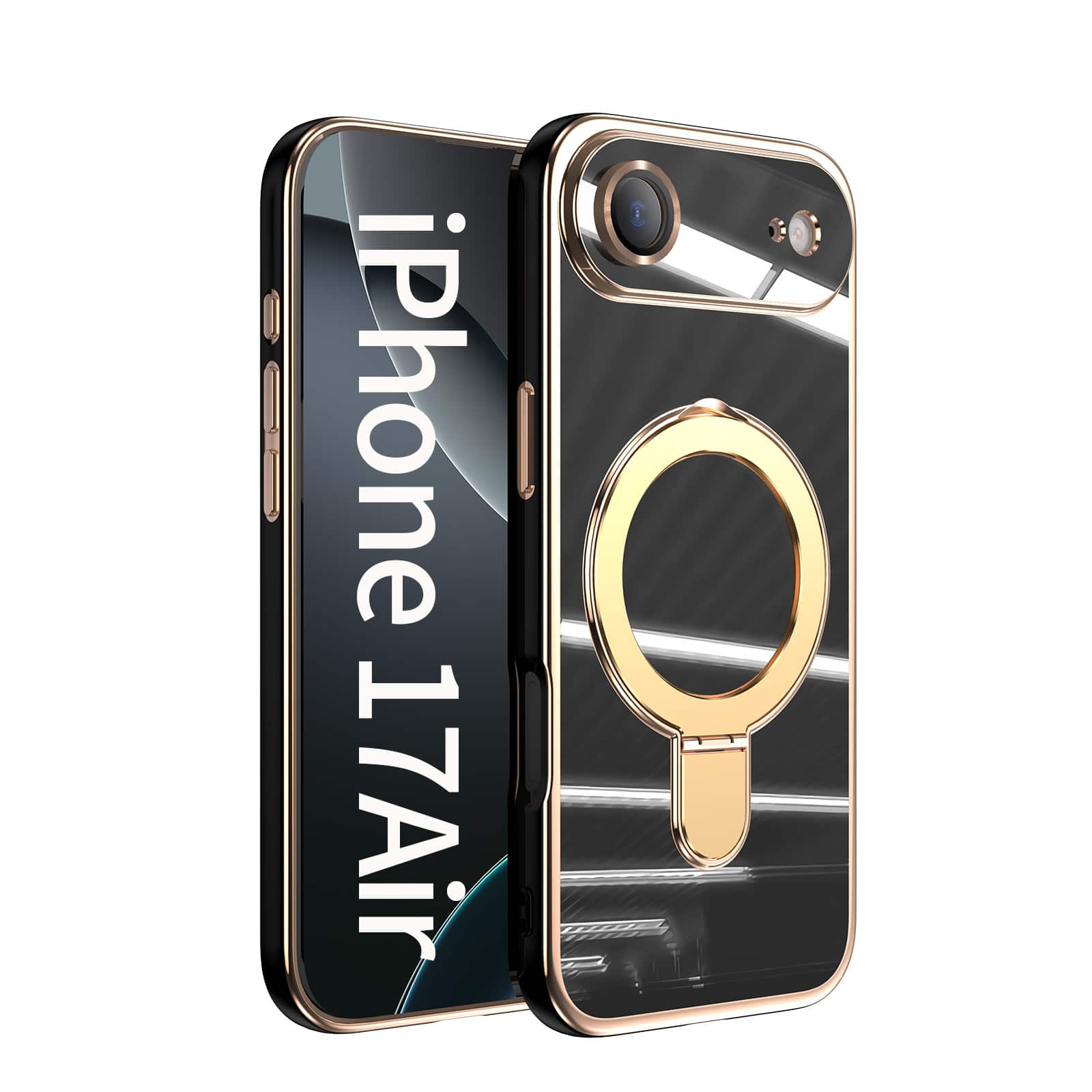 Dteck - Mag Safe Case for Apple iPhone Air,Slim Shockproof TPU Case with Metal Stand Plated Bumper Bulit in Glass Lens Film - Black